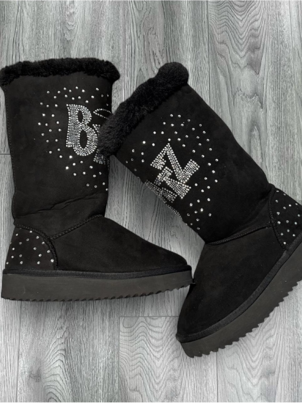 Women’s Black Plush Winter Boots with Crystal Accent